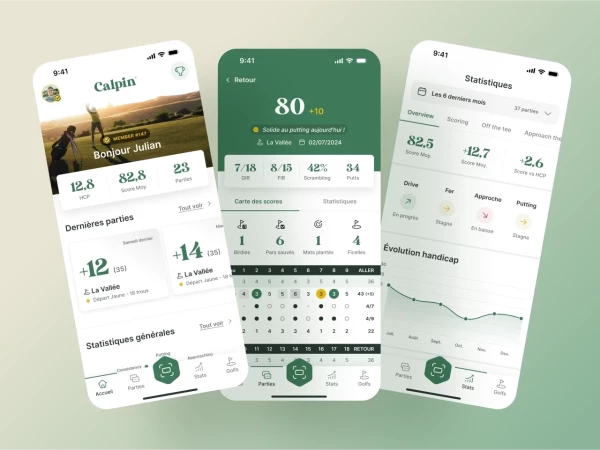 3 écrans de l'application qui montrent les statistiques des récentes parties de golf enregistrées.