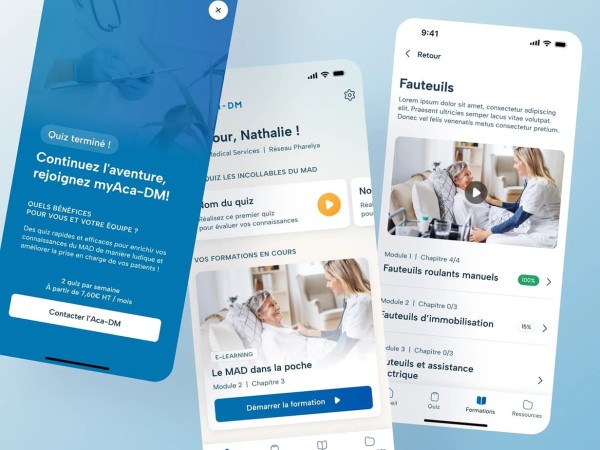 Capture du projet, 3 écrans de l'application mobile qui montrent le quiz et les formations disponibles.