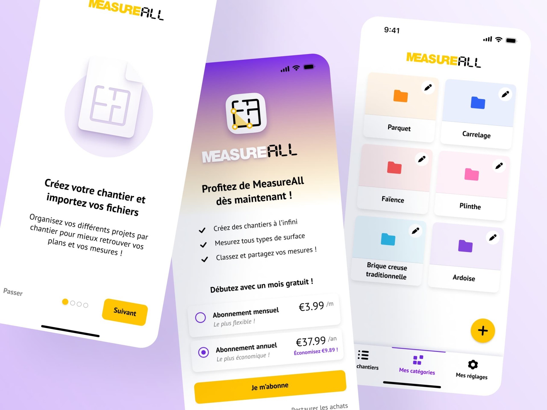 Maquettes graphiques d'une application de prise de mesure sur plan.