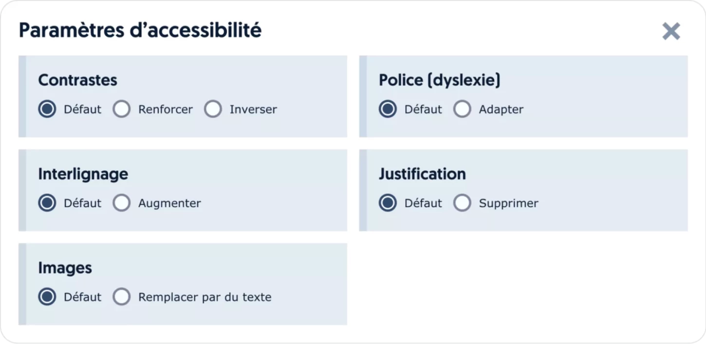 Capture d'écran de l'interface de personnalisation d'un site web. On y voit par exemple des options pour renforcer les contrastes, augmenter l'interlignage, et supprimer la justification du texte.