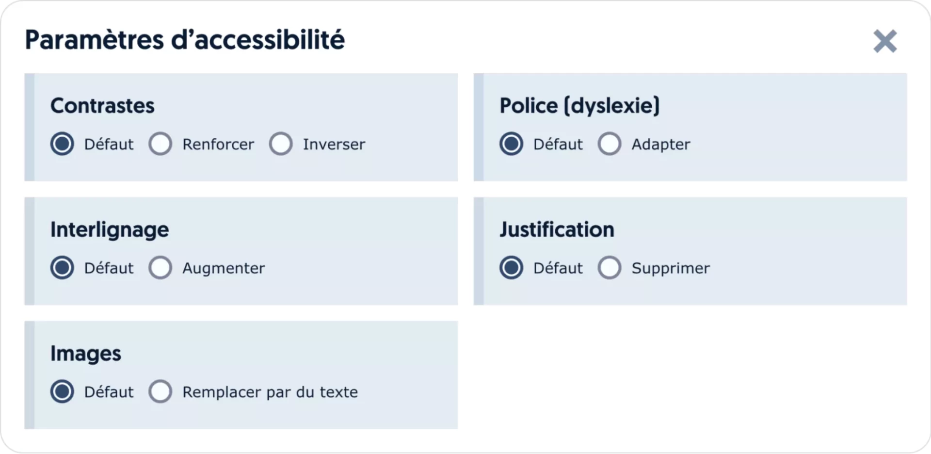 Capture d'écran de l'interface de personnalisation d'un site web. On y voit par exemple des options pour renforcer les contrastes, augmenter l'interlignage, et supprimer la justification du texte.