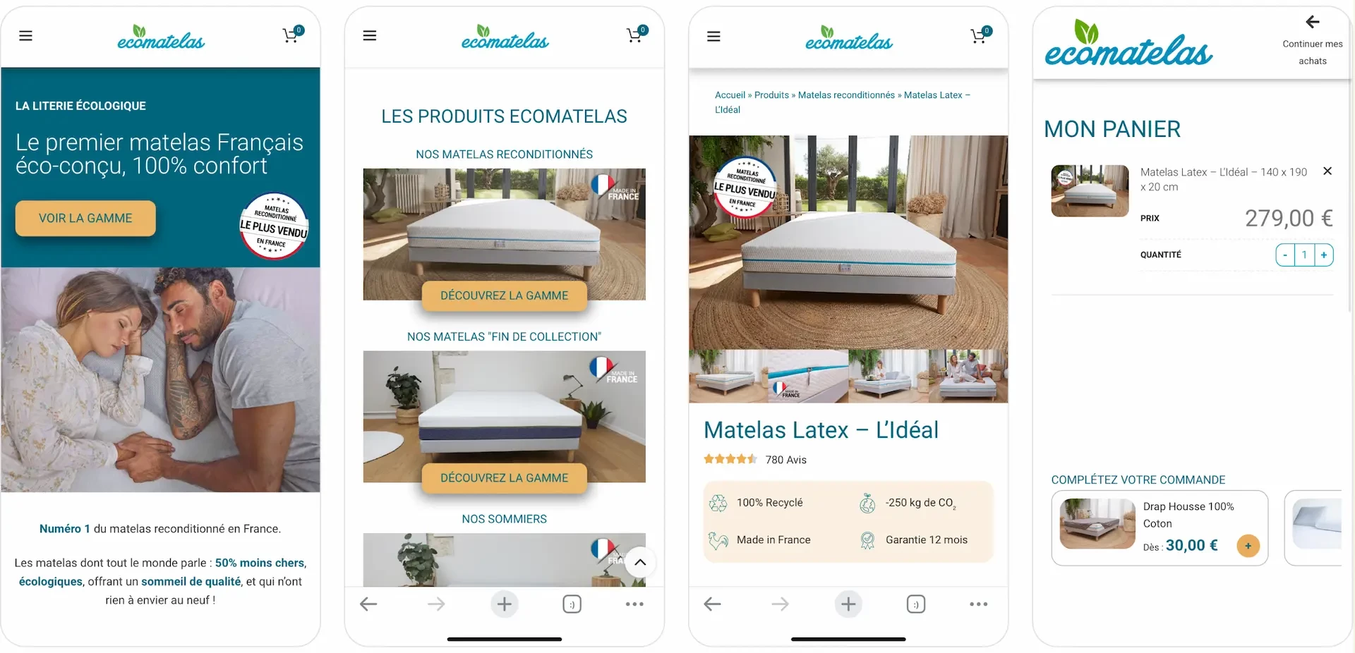 Captures d'écran du site écomatelas avant refonte.